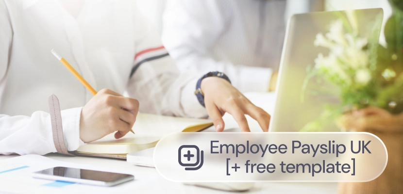 An employee working at her desk, with the label: Employee payslip UK + free template