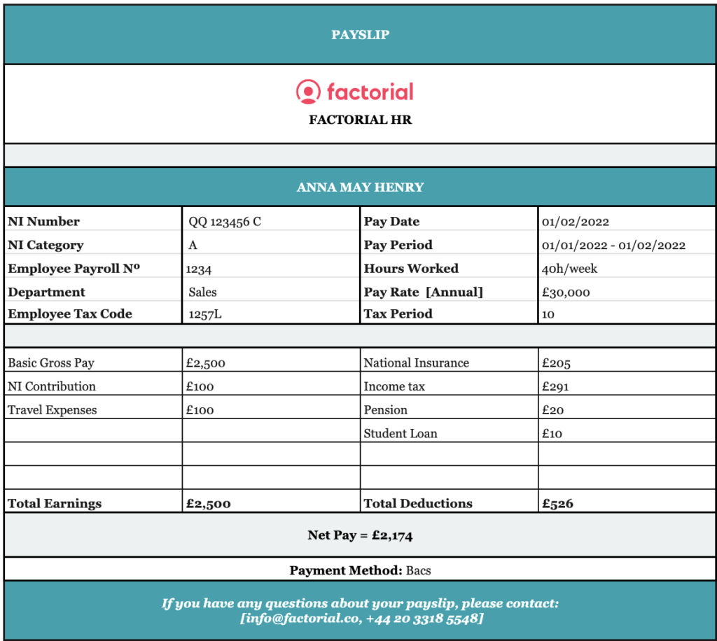 Factorial Payslip template UK