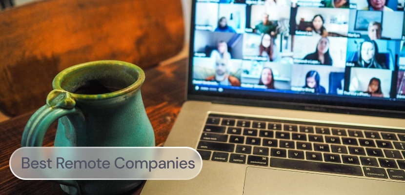 A laptop open in a remote meeting, with the label: Best Remote Companies