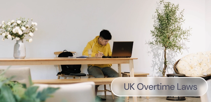A man working overtime at his desk with the label: UK Overtime Laws