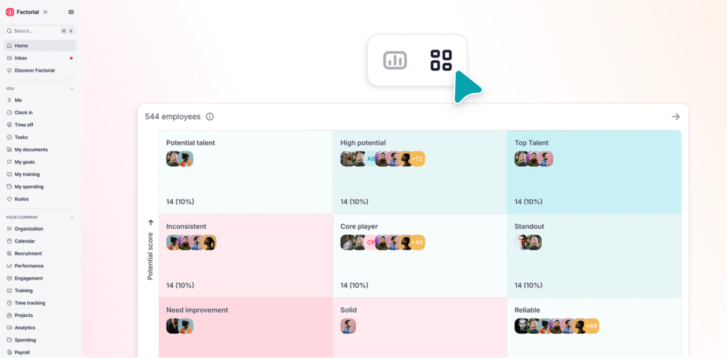 A dashboard of Factorial's 9-box feature