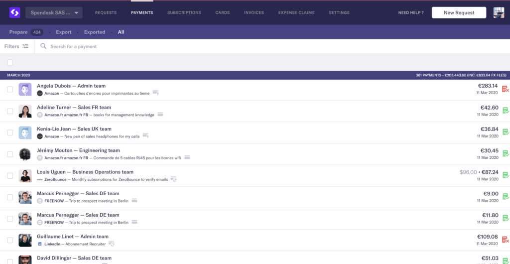 A dashboard of Spendesk, the expense management system