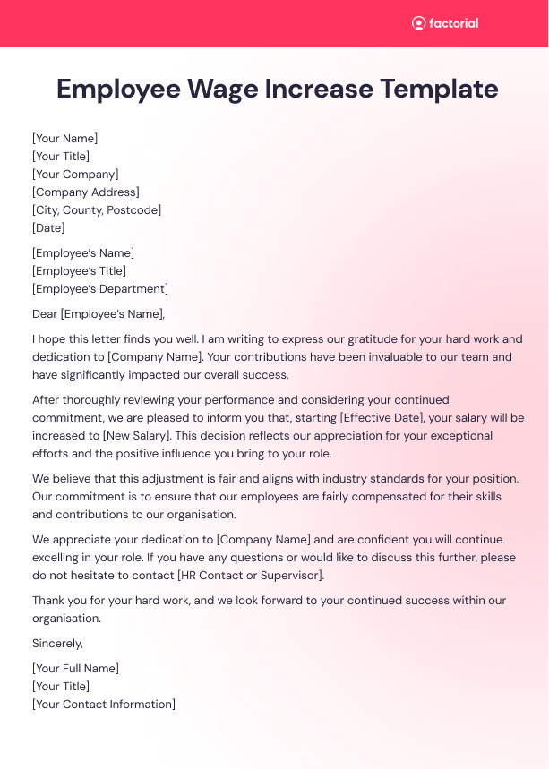 A template of an employee wage increase letter