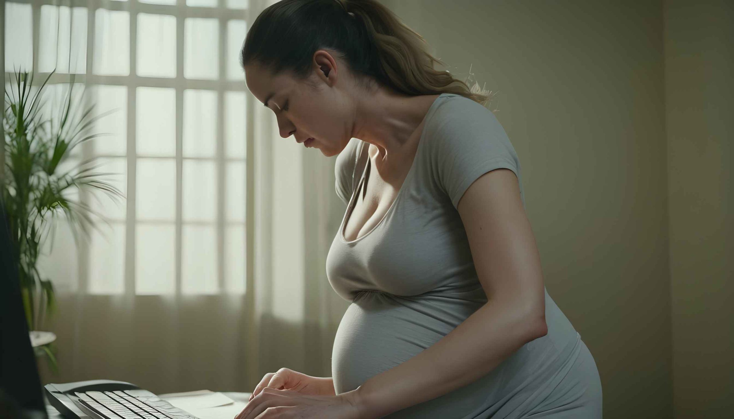 pregnant women working while she is writing her maternity letter 