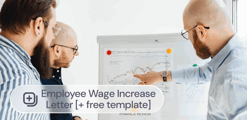 Two employees talking near a flipchart, with the label: Employee wage increase letter + free template