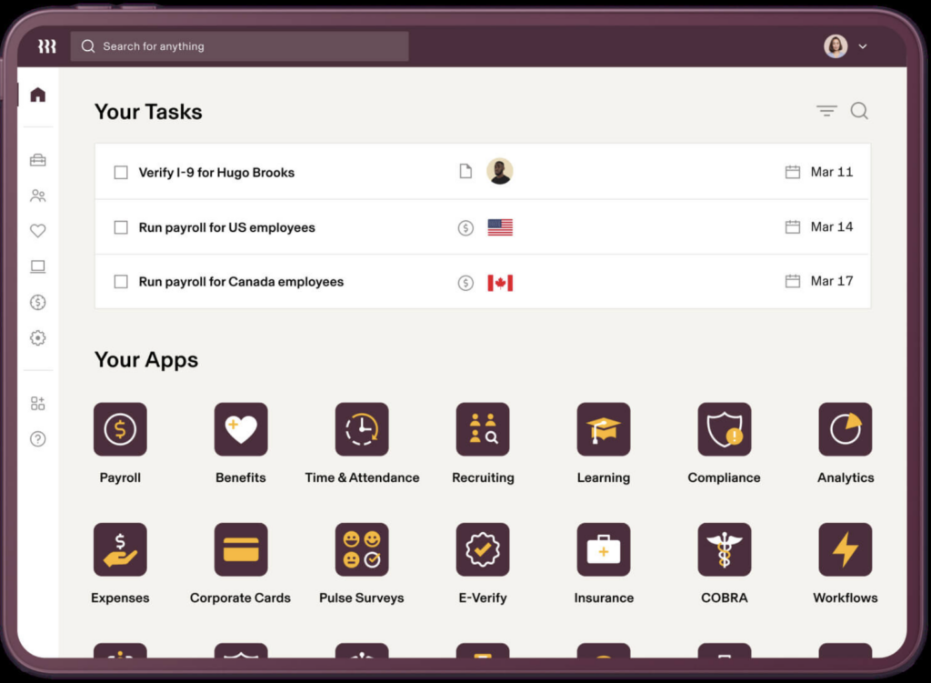 An overview of Rippling's dashboard as one of the best HiBob alternatives