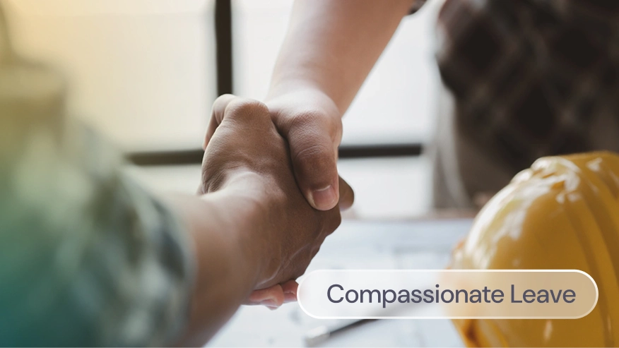 A close up of a handshake, with the label: compassionate leave