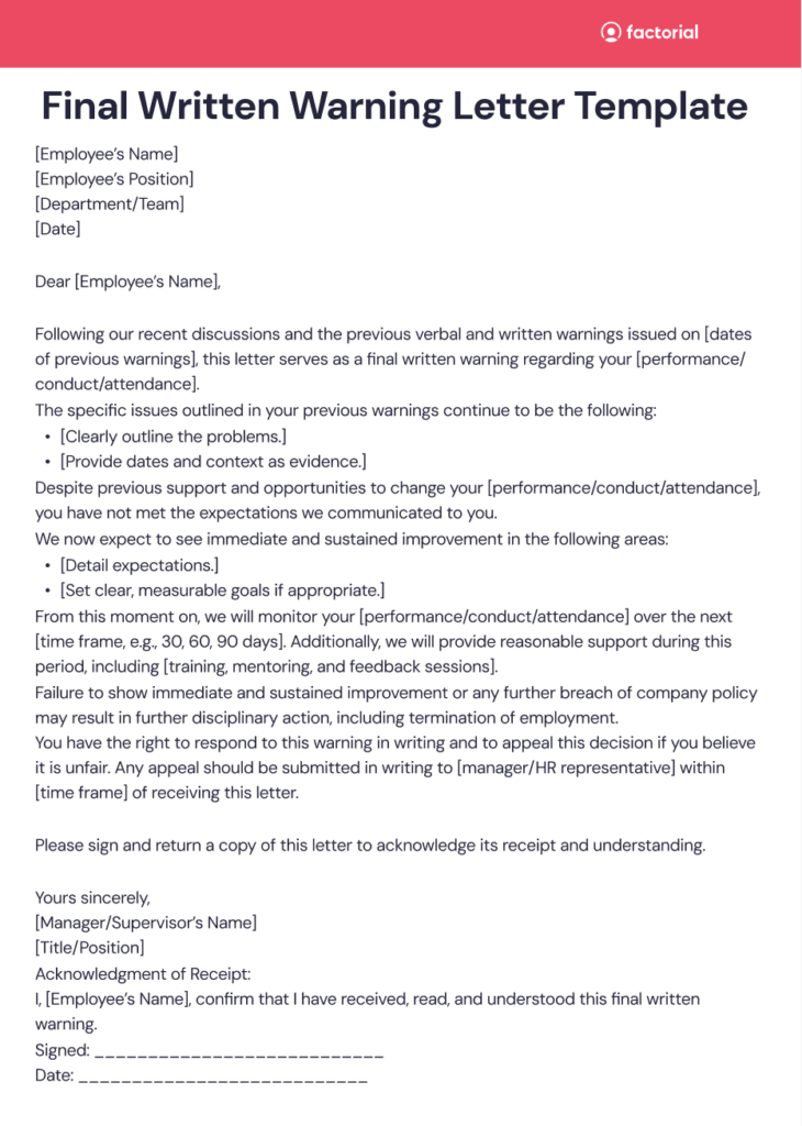 A ready to use template for managers and employers when creating a final written warning letter.