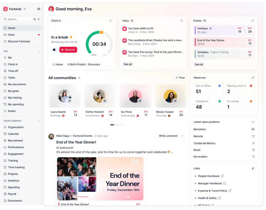 Factorial all in one business management software dashboard