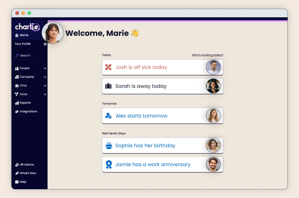 Charlie's dashboard centralizes important information at a glance so you're always up to speed.