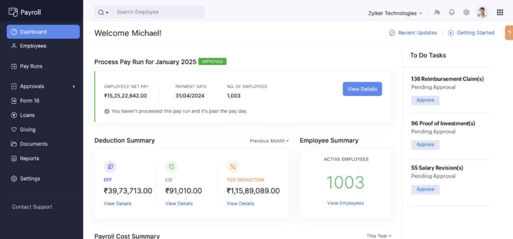 Zoho People offers seamless integration with the Zoho Payroll application to make paying your team a straightforward process.