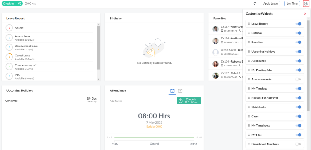 Zoho People dashboard. Zoho People is a good alternative to Humaans if you want a comprehensive system that is good value for money.
