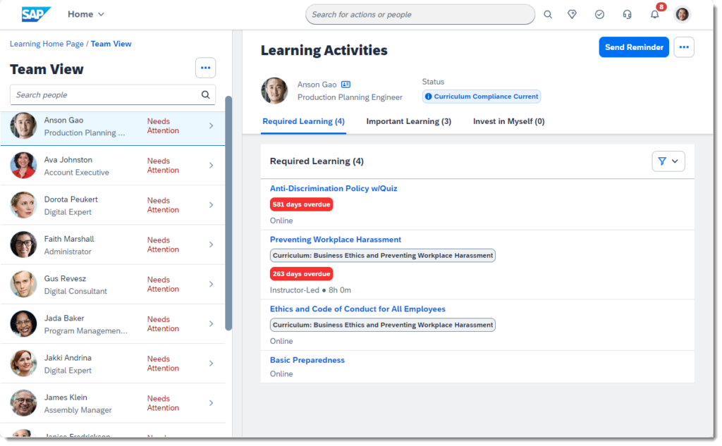SAP success factors learning lms dashboard