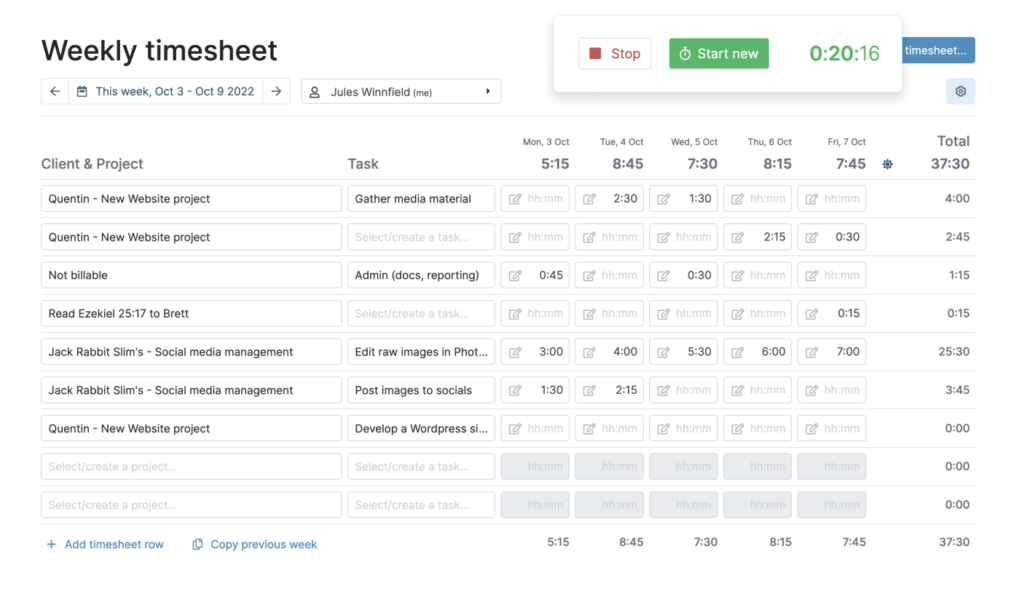 myhours time tracking dashboard for accountants