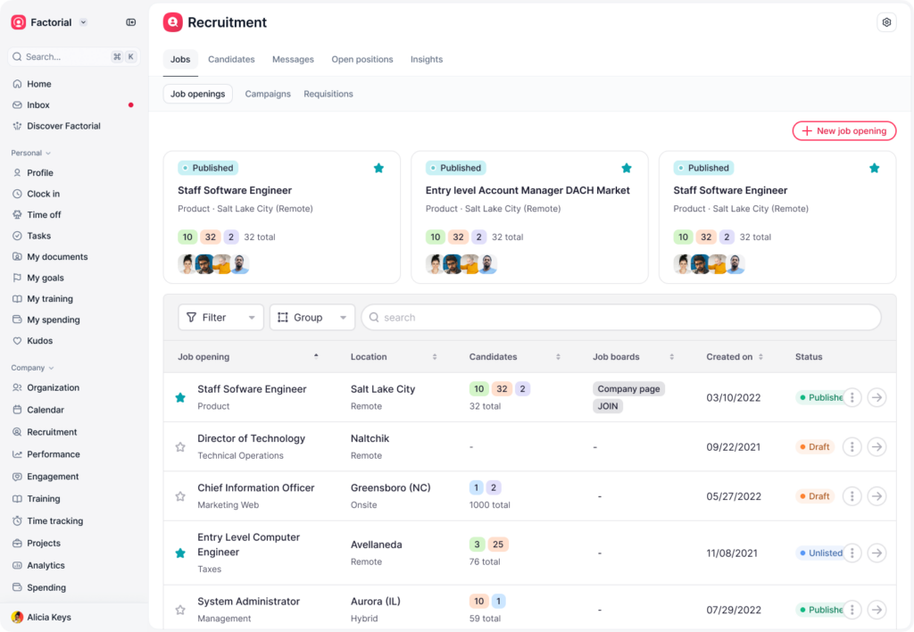 A look into Factorial's ATS dashboard as it is one of the best Construction Recruitment Software on the market