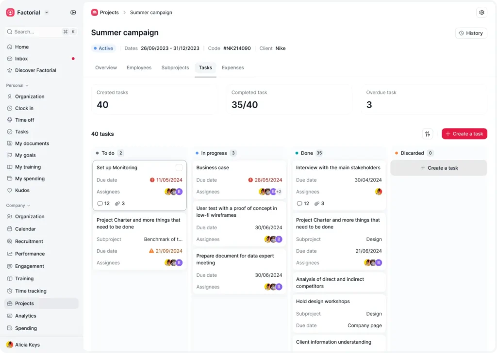 Factorial's project management dashboard kanban view