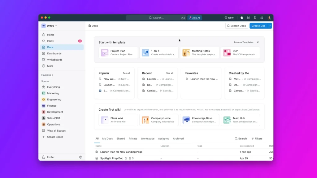 Clickup dashboard