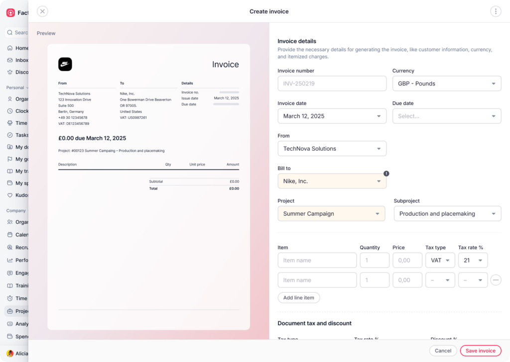Create sales invoices directly from Factorial's HR project management tool