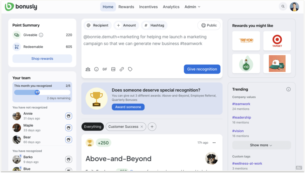 A dashboard in the Bonusly benefits program