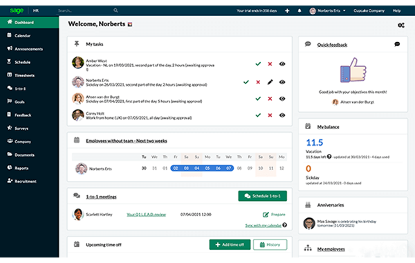 sage hris software dashboard