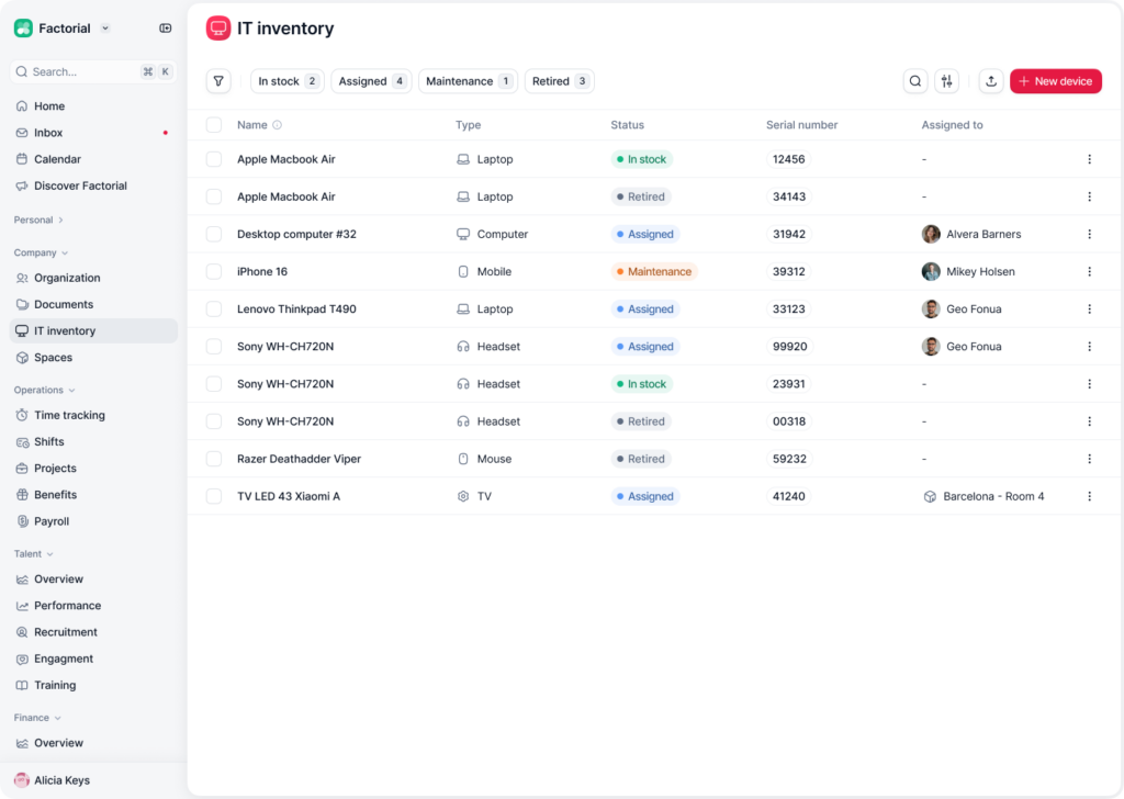 A dashboard in Factorial's IT inventory module